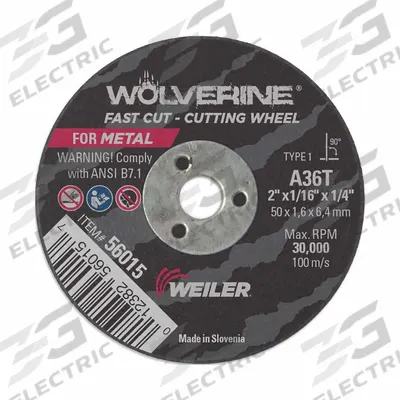 WEILER Abrasive Cutoff Wheel: Type 1, 2" x 1/16" x 1/4", Aluminum Oxide, 36 Grit - General Purpose Cut-Off Wheels for Carbon & Stainless Steel