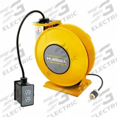 HUBBELL WIRING DEVICE-KELLEMS Extension Cord Reel: Ratchet Lock, 25 ft Cord Lg, 12 AWG, SJO, 5-20P (MPN HBLI25123R220M1Y). Key specifications — Retractable Cord Ending NEMA Configuration: Bare Wire; Feeder Cord Ending NEMA Configuration: 5-20P; Brand: HUBBELL WIRING DEVICE-KELLEMS.