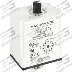 MACROMATIC Single Function Time Delay Relay: Socket Mounted, 12V DC, 10 A, 11 Pins/Terminals (MPN TR-51626-10). Key specifications — Brand: MACROMATIC.