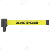 BANNER STAKES Retractable Belt Head: Yellow, 42 in Overall Ht, 15 ft Belt Lg, 2 1/2 in Belt Wd (MPN PL4034). Key specifications — attr193628: BANNER STAKES; attr983760: No Pattern; attr983762: Cleaning in Progress; attr981605: 15 ft Retractable Belt.