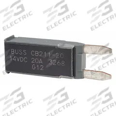 Automotive Circuit Breaker: CB211, 14V DC, 225 A at 14V DC, Blade (MPN CB211-20). Key specifications — Series: CB211; Voltage: 14V DC; Interrupt Rating: 225 A at 14V DC; Terminal Connection: Blade; Circuit Breaker Type: Type I Footprint Circuit Breaker; Brand: BUSSMANN.