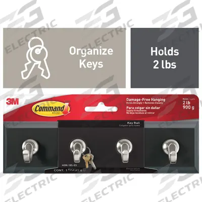 COMMAND Key Rack: 2 lb Wt Capacity, 1 Points per Hook, Slate, 8 in Overall Ht - Adhesive-Backed Hook Racks