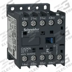 SCHNEIDER IEC Control Relay: DIN-Rail & Surface Relay Mounting, 480V AC Coil Volt, 2NO/2NC, 10 A (MPN CA2KN22T7). Key specifications — Brand: SCHNEIDER.