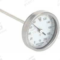 REOTEMP Compost Dial Thermometer: 0°F to 200°F, +/- 1% Accuracy, 36 in Stem Lg, Fahrenheit (MPN A36PF 0-200 F). Key specifications — Accuracy: +/- 1%; Thread Type: NPT; Housing Material: Stainless Steel; Brand: REOTEMP; Temperature Units: Fahrenheit.