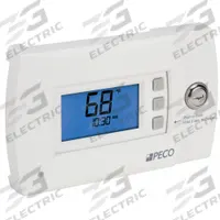 PECO Low Voltage Thermostat: Heat and Cool, Auto and Manual, 5-1-1/5-2/7 Day, Horizontal, Rectangle (MPN T4932SCH-001). Key specifications — Application: Heat and Cool; Stages: 3H/2C Conventional, 4H/2C Heat Pump; Programming Capability: 7 Day; Shape: Rectangle; Terminal Designations: Y2; Temperature Control Range: 50° to 90°F; Changeover Type: Automatic and Manual; Brand: PECO.