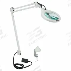 VISION-LUXO Round Magnifier Light: LED, 2.25x, 5 Diopter, 700 lm Max Brightness, 45 in Arm Reach (MPN LFG028215). Key specifications — Arm Material: Die-Cast Aluminum; Brand: VISION-LUXO; Magnification: 2.25x; ESD Safe: No; Lens Material: Glass; Lighting Technology: LED; Operating Voltage: 120V AC; Includes Ultraviolet Light: No.
