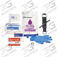 FIRST AID ONLY Bleeding Control Kit: Plastic Bag, 1 People Served, 12 Components, 0 Pockets (MPN 91166). Key specifications — Brand: FIRST AID ONLY; Wound Dressings Included: (3) Gauze Pads; Housing Material: Plastic.