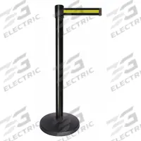 QUEUEWAY Barrier Post with Belt: Yellow, Horizontal Stripe, No Legend, 10 ft Belt Lg, Black (MPN QPLUS-33-S4). Key specifications — Base Material: ABS; Belt Color: Yellow; Brand: QUEUEWAY; Post Material: Metal Alloy; Post Color: Black; Message: No Legend.