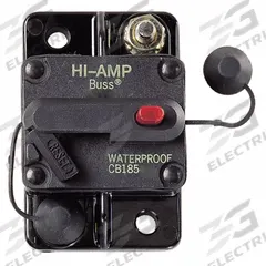 Automotive Circuit Breaker: CB185, 48V DC, 3 kA at 48V DC, Stud (MPN CB185-100). Key specifications — Series: CB185; Voltage: 48V DC; Interrupt Rating: 3 kA at 48V DC; Terminal Connection: Stud; Circuit Breaker Type: Hi-Amp Circuit Breaker; Brand: BUSSMANN.