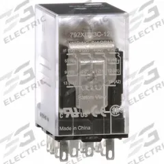 SCHNEIDER General Purpose Relay: Socket Mounted, 3 A Current Rating, 12V DC, 4PDT, 14 Pins/Terminals (MPN 792XDX3C-12D). Key specifications — Brand: SCHNEIDER; Base Type: Square; Mounting Style: Plug-In; Electrical Connection: Faston Connector; Manufacturer Part Number: 792XDX3C-12D; Operating Current: 3 A at 240/277V AC (Conforming to UL); Series: 792 Series.