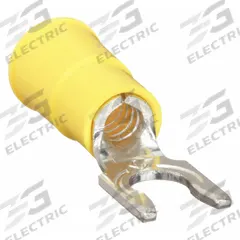3M Fork Terminals: Yellow, Vinyl, #8 Stud Size, 12 AWG – 10 AWG Wire Range, Std Fork, 1,000 V (MPN FV10-8Q). Key specifications — Barrel Style: Funnel; Manufacturer Part Number: FV10-8Q; Brand: 3M; Series: TR.