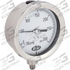 DURO Industrial Compound Gauge: 0 psi to 300 psi, White, 4 1/2 in Dial, 1/4 in NPT Male, Bottom, 4 (MPN 4.2072713E7). Key specifications — Brand: DURO; Pointer Color: Black; Accuracy: ±0.5%; Dial Color: White; Gauge Wetted Parts: Stainless Steel; Case Material: Stainless Steel; Vibration Resistance Properties: None; Pressure Range: 0 psi to 300 psi.