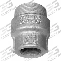 Sealing Hubs - Vertical: Iron, 1/2 in_1 in Trade Size, Male to Female, 2 1/4 in Overall Lg (MPN ES10050). Key specifications — Brand: APPLETON ELECTRIC; Connection Type: Threaded; Thread Size: 1 in; Thread Gender: Male to Female; Ends - Hazardous Fittings: 1/2 in FNPT x 1 in MNPT; Material: Iron; Hazardous Location Rating: Class I, Division 1 and 2, Groups A, B, C, D; Thread Type: NPT.