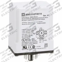 SCHNEIDER Time Delay Relay: Socket Mounted, 24V AC/DC, 10 A, 11 Pins/Terminals, 0.1 sec – 30 sec (MPN 9050JCK2F30V14). Key specifications — Contact Rating (AC): 10 A @ 120/240V; Brand: SCHNEIDER.