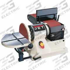 JET Belt and Disc Sander: For Wood, 115 V, Single-Phase, 3/4 hp, 6 in x 48 in Belt, 9 in Disc, 45° (MPN 708595). Key specifications — attr564072: Single-Phase; attr650959: Wood; attr564036: JET.