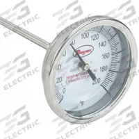 DWYER Long Reach Dial Thermometer: 0°F to 200°F, +/- 1% Accuracy, 3 in Dial Dia, 1/2 in Thread Size (MPN BTLRN324101). Key specifications — Accuracy: +/- 1%; Housing Material: Stainless Steel; Brand: DWYER.