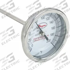 DWYER Long Reach Dial Thermometer: 0°F to 200°F, +/- 1% Accuracy, 3 in Dial Dia, 1/2 in Thread Size (MPN BTLRN324101). Key specifications — Accuracy: +/- 1%; Housing Material: Stainless Steel; Brand: DWYER.