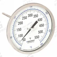 ASHCROFT Dial Thermometer: 50°F to 550°F /10°C to 290°C, ±1% Accuracy, 4 in Stem Lg, 5 in Dial Dia (MPN 50EI60E). Key specifications — Accuracy: ±1 %; Brand: ASHCROFT.