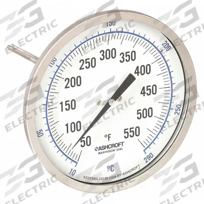 ASHCROFT Dial Thermometer: 50°F to 550°F /10°C to 290°C, ±1% Accuracy, 4 in Stem Lg - Adjustable-Angle Thread-Mount Dial Thermometers