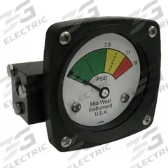 MIDWEST INSTRUMENT 3-Color Differential Pressure Indicator: 1,000 psig Max. Static Pressure, 522 (MPN 522A-015). Key specifications — Brand: MIDWEST INSTRUMENT; Accuracy: ±5% of Full Scale; Sensor Material: Buna-N; Housing Material: Aluminum; Transition Points: 0 psid to 7.5 psid (Green) / 7.5 psid to 11 psid (Yellow) / 11 psid to 15 psid (Red).