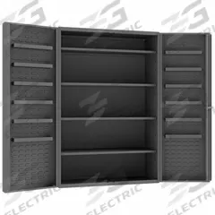 DURHAM MFG Bin Cabinet: 48 in x 24 in 72 in, 16 Shelves, 0 Bins, Deep Box, 14 ga Panel, Gray, Keyed (MPN DC48-4S12DS-95). Key specifications — Assembled: Assembled; Cabinet Style: Shelf and Bin; Brand: DURHAM MFG; Cabinet Color: Gray; Cabinet Finish: Powder Coated; Cabinet Material: Steel; Cabinet Storage Components: Shelves.