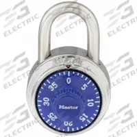 MASTER LOCK Combination Padlock: Dial Combo, Silver, Stainless Steel, Std Shackle, Steel Shackle (MPN 1502BLU). Key specifications — Dial Color: Blue; Brand: MASTER LOCK.
