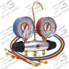 JB INDUSTRIES Manifold Gauge Kit: 2 Valves, 3 Hoses, Series ZEPPELIN, 3 1/8 in Gauge (MPN 24233). Key specifications — Product Type: Manifold Gauge Kit; For Refrigerant Type: R-404A; Brand: JB INDUSTRIES; Gauge Boots: No; Sight Glass: Yes.