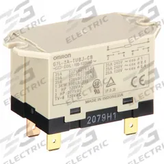 OMRON Enclosed Power Relay: Surface (Top Flange) Mounted, 25 A Current Rating, 100/120V AC, DPST-NO (MPN G7L-2A-TUBJ-CB-AC100/120). Key specifications — Brand: OMRON; Base Type: Square; Mounting Style: Top Flange; Electrical Connection: Quick-Connect; Manufacturer Part Number: G7L-2A-TUBJ-CB-AC100/120; Operating Current: 25 A; Series: G7L Series.