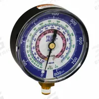 YELLOW JACKET Low Side Gauge: Low Side Gauge, 0 psi to 800 psi, Non-Liquid Filled, 3 1/8 in Dia (MPN 49224). Key specifications — Brand: YELLOW JACKET; Accuracy: ± 1%; Color: Blue; Calibration Certificate Type: NIST; For Refrigerant Type: R-454B.