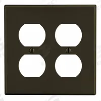 HUBBELL Wall Plate: Duplex Outlet, 2 Gang, Brown, Midsize Size (MPN PJ82). Key specifications — Brand: HUBBELL; Material: Polycarbonate.