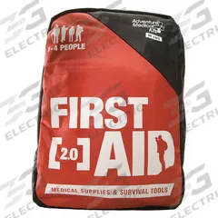 ADVENTURE MEDICAL First Aid Kit and Housing: Gen Purpose, 4 People Served, 117 Components, Nylon (MPN 0120-0220). Key specifications — Adhesive Bandages Included: (17) Bandages; Application: General Purpose; Brand: ADVENTURE MEDICAL; Housing Color: Red; Housing Material: Nylon; Includes Oral or Inhalant Medication: Medication Included; Mountable: Portable; Oral and Inhalant Medicinals Included: (6) Ibuprofen.