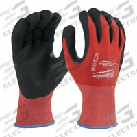 MILWAUKEE Work Gloves: L ( 9 ), ANSI Cut Level A2, Palm, Dipped, Nitrile, Nylon ( 15 ga ), 12 PK (MPN 48-22-8927B). Key specifications — Brand: MILWAUKEE; Glove Hand Style: Left and Right; Touchscreen Compatible: Yes; Includes Reinforced Thumb Crotch: Yes; Knit Material Color: Red.