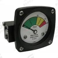 MIDWEST INSTRUMENT 3-Color Differential Pressure Indicator: 1,000 psig Max. Static Pressure, 522 (MPN 522A-020). Key specifications — Brand: MIDWEST INSTRUMENT; Accuracy: ±5% of Full Scale; Sensor Material: Buna-N; Housing Material: Aluminum; Transition Points: 0 psid to 10 psid (Green) / 10 psid to 15 psid (Yellow) / 15 psid to 20 psid (Red).