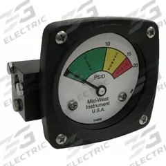 MIDWEST INSTRUMENT 3-Color Differential Pressure Indicator: 1,000 psig Max. Static Pressure, 522 (MPN 522A-020). Key specifications — Brand: MIDWEST INSTRUMENT; Accuracy: ±5% of Full Scale; Sensor Material: Buna-N; Housing Material: Aluminum; Transition Points: 0 psid to 10 psid (Green) / 10 psid to 15 psid (Yellow) / 15 psid to 20 psid (Red).