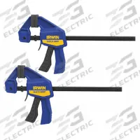 IRWIN Bar Clamp: Flat, 6 in Max Jaw Opening, 2 1/2 in Throat Dp, 140 lb Clamping Force, One Handed (MPN 1964743). Key specifications — attr663922: IRWIN.