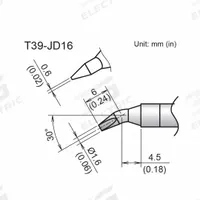 HAKKO Soldering Tip: T39 Series, Bent Chisel, 1.6 mm W, 10.5 mm Lg (MPN T39-JD16). Key specifications — Brand: HAKKO; Compatible Handpiece Manufacturer Model Number: FX-9702; Manufacturer Part Number: T39-JD16.