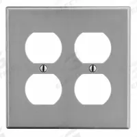 HUBBELL Wall Plate: Duplex Outlet, 2 Gang, Gray, Midsize Size (MPN PJ82GY). Key specifications — Brand: HUBBELL; Material: Polycarbonate.