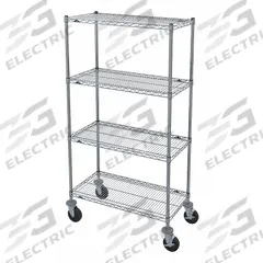 METRO Wire Shelving Unit: 38 in x 20 1/4 in x 67 1/2 in, Dry, Split Sleeve, 4 Shelves, Silver (MPN N336BBR). Key specifications — attr15738: Silver; attr15739: Donut Bumpers for Casters; attr14157: Chrome; attr14150: Dry; attr14159: Round; attr5304: 4; attr14155: (2) Swivel; attr14158: Steel.