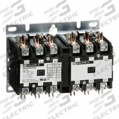 SCHNEIDER Hoist Contactor: 3 Poles, 24V AC, 40 A, Reversing, Std Contactor Frame Size (MPN 8965DPR43V14). Key specifications — Brand: SCHNEIDER; Coil Voltage: 24V AC; Contactor Style: Hoist Definite Purpose Contactor; Maximum Voltage Rating: 600V AC; Series: 8965 Series Type DPR; Phase: Three; Main Pole Contact Form: 3NO.