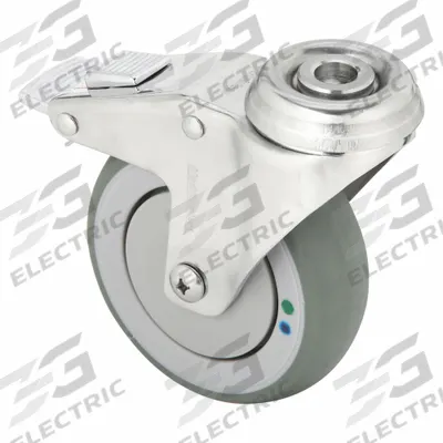 MEDCASTER Bolt-Hole Caster: Swivel, Side Brake, Rubber, 4 in Wheel Dia., 1 1/4 in Wheel Wd - Antimicrobial Corrosion- & Debris-Resistant Bolt-Hole Casters