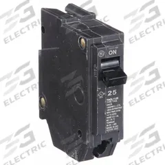 GE Miniature Circuit Breaker: THQL, 25 A, 120/240V AC, Single Phase, 10kA at 120/240V AC, Std (MPN THQL1125). Key specifications — Amps: 25 A; AC Voltage Rating: 120/240V AC; Phase: Single; Max. AIR Rating: 10kA at 120/240V AC; For Use With: Power Mark Gold Load Centers and AQ Lighting Panels.