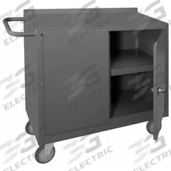 DURHAM MFG Mobile Cabinet Workbench: 36 in x 18 in, Steel, 1,200 lb Overall Load Capacity, Gray (MPN 2210-95). Key specifications — Included Components: Handle on Side; Assembly: Fully Assembled; Brand: DURHAM MFG.