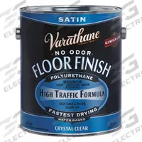 VARATHANE Finish: Finish, Interior, Water, 1 gal Container Size, Wood, Satin, Crystal Clear, Clear (MPN 230231). Key specifications — Brand: VARATHANE; Transparency: Clear; Use Location: Interior; Sheen: Satin; Sub-Brand: Floor Finish; Color: Crystal Clear.