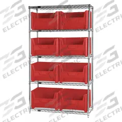 QUANTUM STORAGE SYSTEMS Bin Shelving: 42 in x 18 in x 74 in, 1 Sided, 8 Bins, Open, Red, 5 Shelves (MPN WR5-700RD). Key specifications — Includes Bins: Yes; Bin Material: Polypropylene; Frame Color: Gray; Bin HxWxD: (8) 12-7/16 in x 19-7/8 in x 15-1/4 in; Frame Material: Steel; Bin Color: Red; Bin Style: Hang and Stack; Brand: QUANTUM STORAGE SYSTEMS.