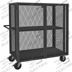 DURHAM MFG Security Cart: 2,000 lb, 58 in L x 27 in W Self, 67 in L x 32 in W x 57 in H Overall Dim (MPN HTL-3060-DD-1AS-95). Key specifications — Shelf Type: Adjustable; Caster Brake Type: No Brake Included; Brand: DURHAM MFG; Caster/Wheel Configuration: (2) Swivel; Shelves Included: 1.
