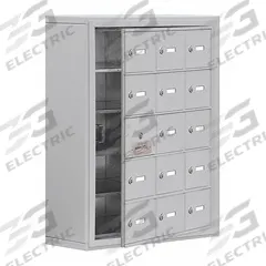 SALSBURY INDUSTRIES Cell Phone Locker: 24 in x 9 1/4 in x 31 in, 5 Tiers, 3 Units Wide, 14 Lockers (MPN 19158-15ASK). Key specifications — Mounting Style: Surface; Brand: SALSBURY INDUSTRIES; Handle Type: None; Locker Color: Aluminum; Locker Material: Aluminum; Frame Assembled: Assembled.