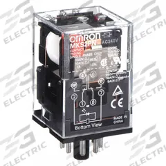 OMRON General Purpose Relay: Socket Mounted, 10 A Current Rating, 240V AC, DPDT, 8 Pins/Terminals (MPN MKS2PNAC240). Key specifications — Brand: OMRON; Base Type: Octal; Mounting Style: Plug-In; Pin Shape: Round; Electrical Connection: Plug-In; Manufacturer Part Number: MKS2PNAC240; Operating Current: 10 A at 30V DC (Resistive Load); Series: MK-S Series.