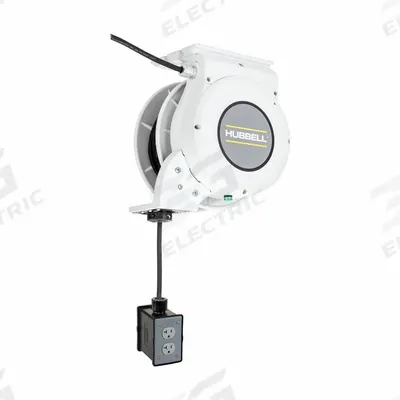 HUBBELL WIRING DEVICE-KELLEMS Extension Cord Reel: Ratchet Lock, 25 ft Cord Lg, 12 AWG, SJO - Motorized Self-Retracting Cord Reels