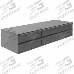 DURHAM MFG Drawer Bin Cabinet: 33 3/4 in x 12 1/4 in x 7 1/2 in, 12 Drawers, Stackable, Steel, Gray (MPN 013-95). Key specifications — Cabinet Material: Steel; Includes Dividers: Yes; Cabinet Finish: Powder Coated; Drawer Color: Gray; Cabinet Style: Drawer; Assembled: Assembled; Drawer Inside WxDxH: (12) 4-15/32 in x 11-1/4 in x 3-3/16 in; Cabinet Color: Gray.