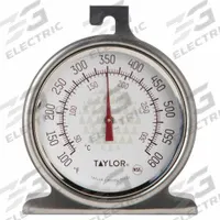 TAYLOR Oven Thermometer: Oven, Analog, 1 11/16 in Overall Lg, 2 in Dial Size, Metal Detectable (MPN 3506). Key specifications — Accuracy: ±5 °F; Brand: TAYLOR; Case Material: Stainless Steel; Display Type: Analog; Features: Hanger; Lens Material: Glass; NSF Certified: Yes; Thermometer Type: Oven Thermometer.